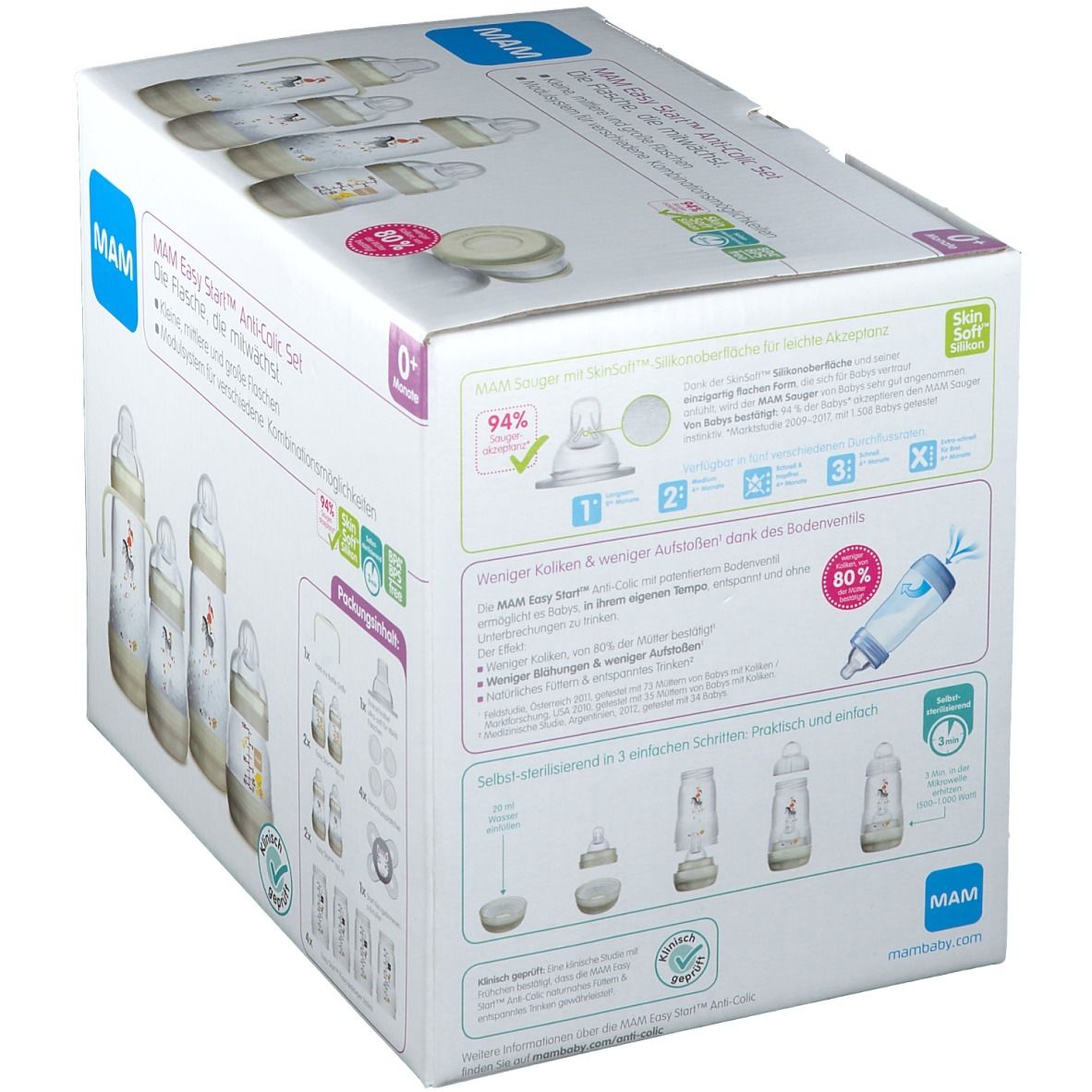 Dos de la boîte MAM Easy Start™ Anti-Colic Set. Illustrations et informations sur le produit.