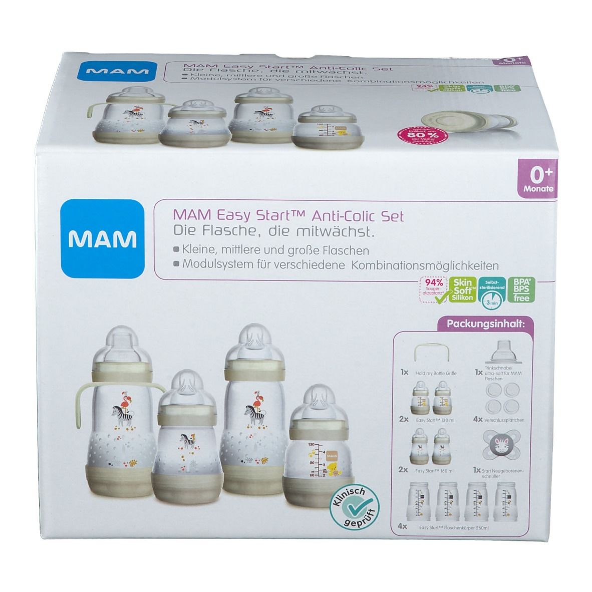 Boîte MAM Easy Start™ Anti-Colic Set. Contient biberons, tétines et accessoires. Informations et illustrations.