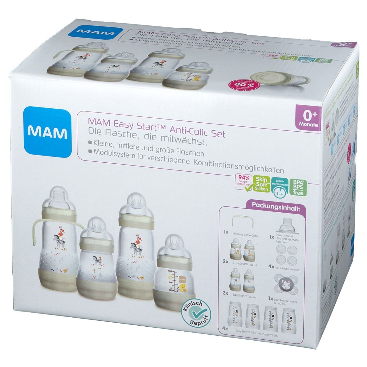 Boîte MAM Easy Start™ Anti-Colic Set. Biberons, tétines et accessoires. Informations et illustrations.