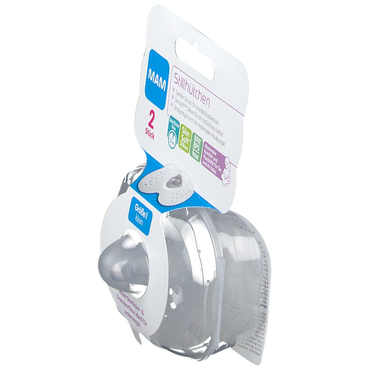 Verpackung mit zwei MAM Stillhütchen Größe 1. Perspektivische Ansicht, transparente Box mit Produkt und Pappaufhänger.