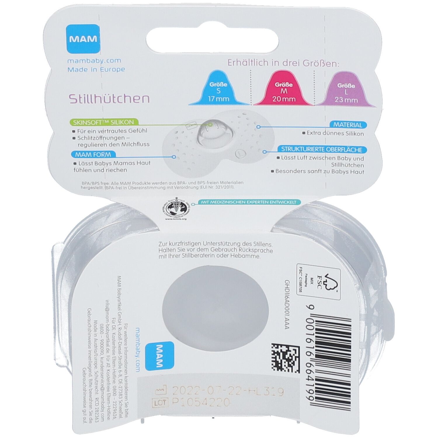 Rückseite der MAM Stillhütchen Verpackung. Größenangaben: 17mm, 20mm, 23mm. Produktmerkmale und Materialinformationen.