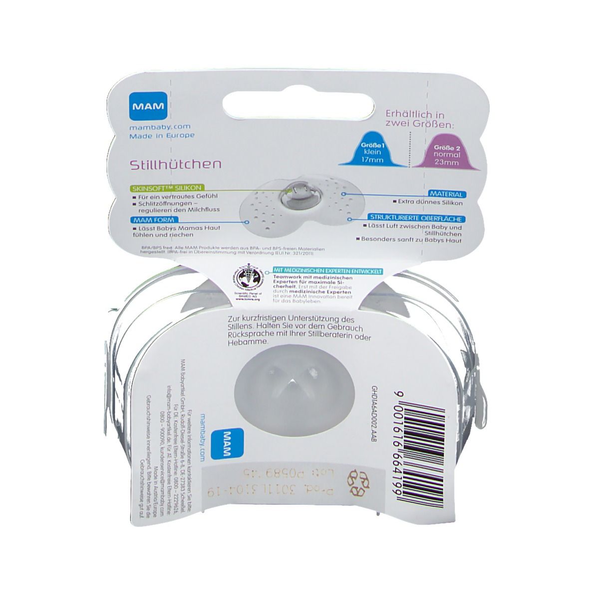 Rückseite der MAM Stillhütchen Verpackung. Größenangaben: 19mm, 23mm. Produktmerkmale und Materialinformationen.
