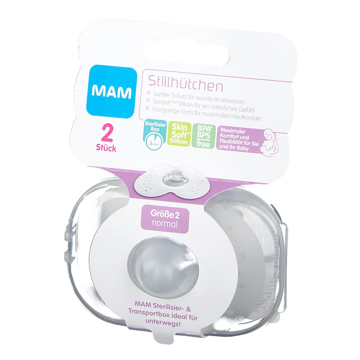 MAM Stillhütchen Größe 2 normal in Transportbox. 2 Stück. BPA-frei. Silikon. Sterilisierbar. Verpackung mit Produktinformationen.