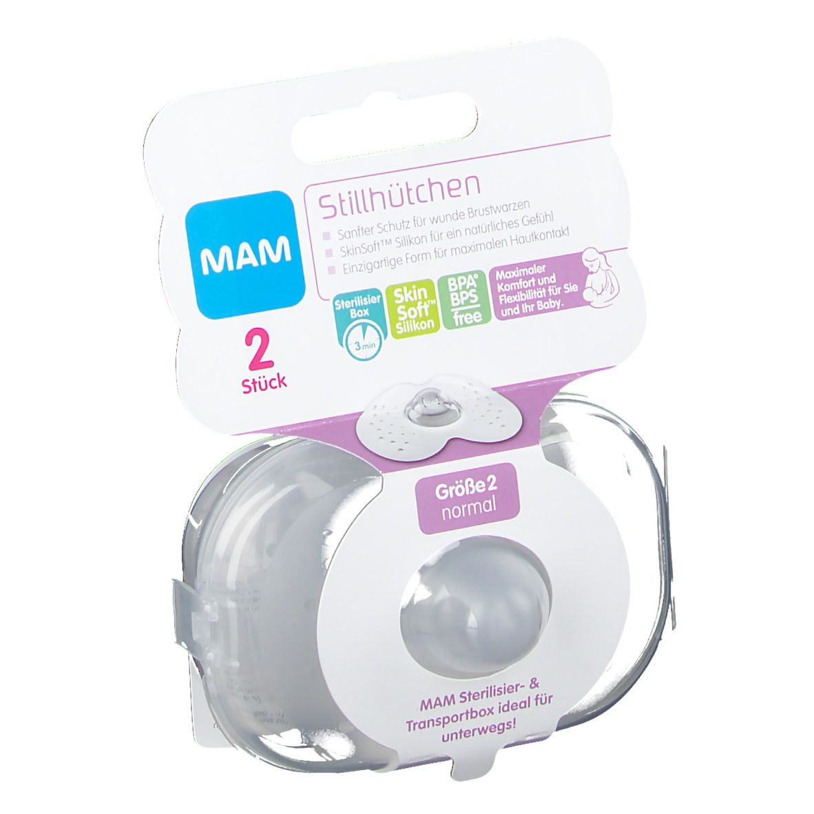MAM Stillhütchen Größe 2 normal in Transportbox. 2 Stück. BPA-frei. Silikon. Sterilisierbar. Verpackung mit Produktinformationen.