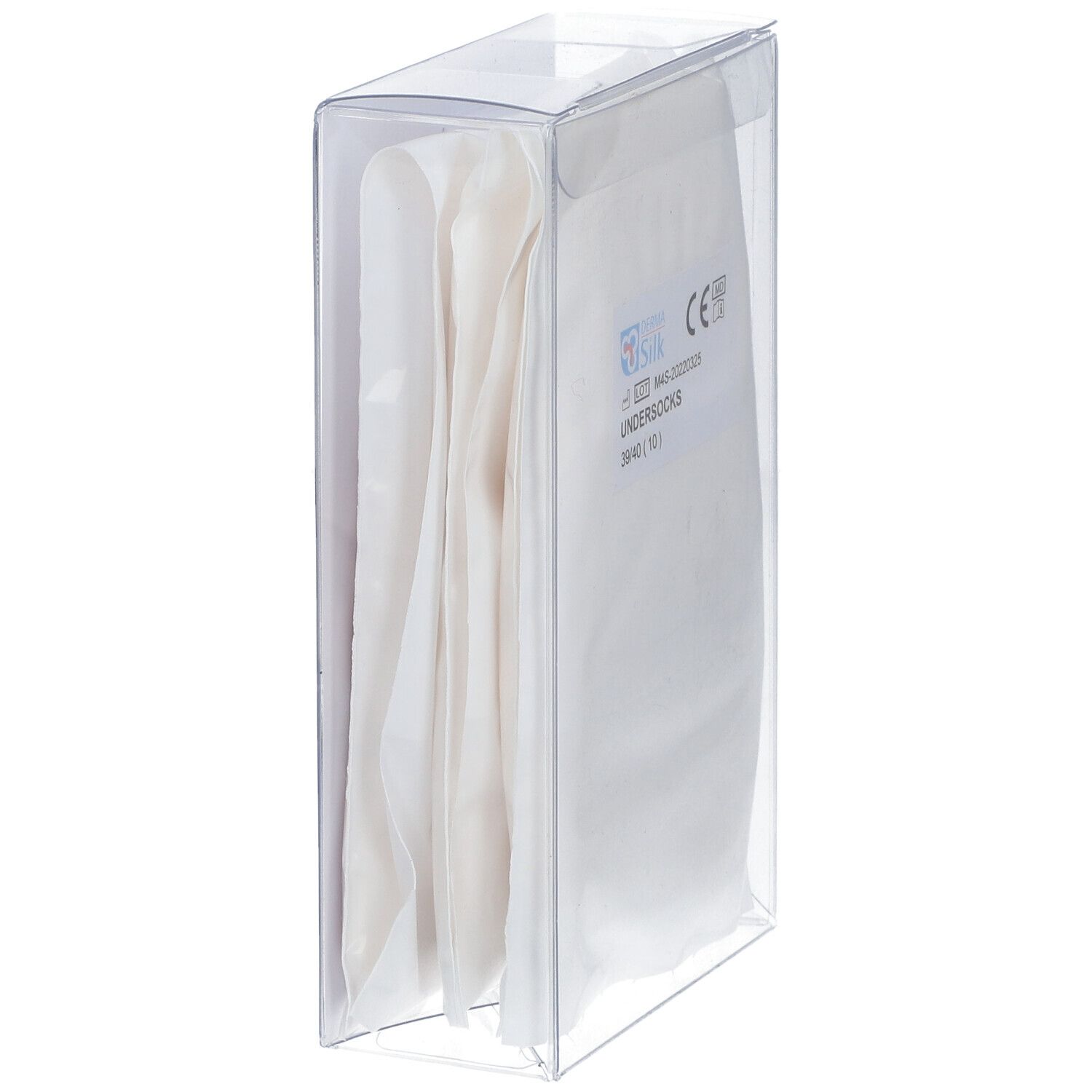 Verpackung mit weißen Unterziehsocken. Marke Dermasilk. Größe 39/40. Medizinprodukt.