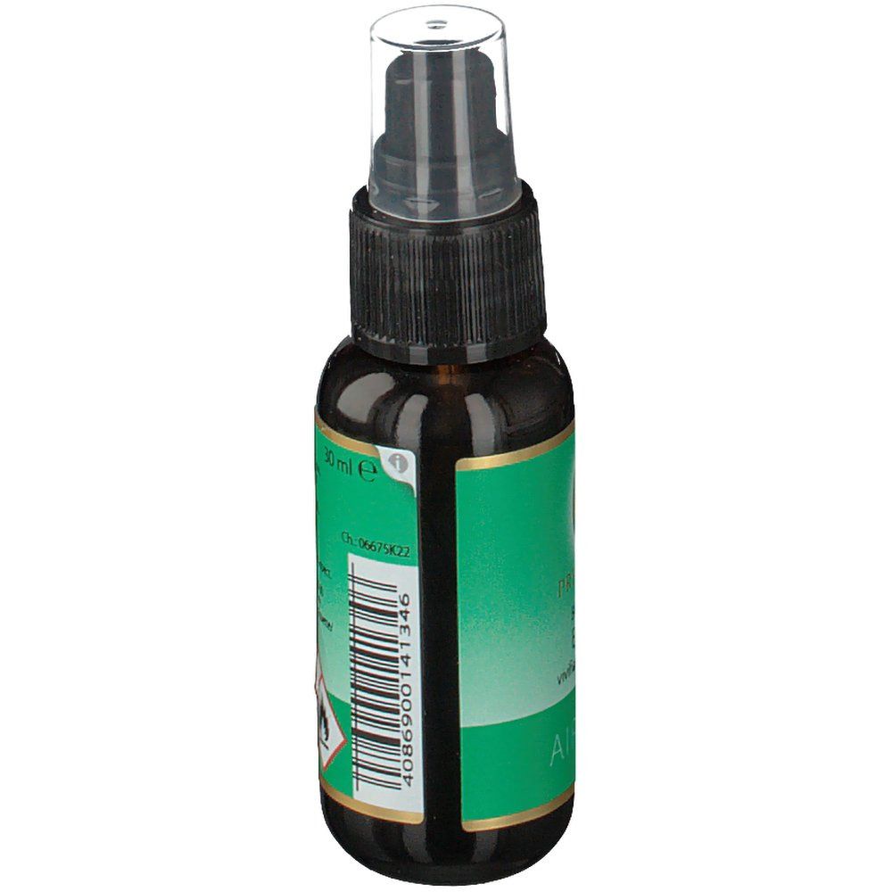 Flacon spray brun avec étiquette verte. Texte: 30 ml, code-barres. Tête de pulvérisation transparente.
