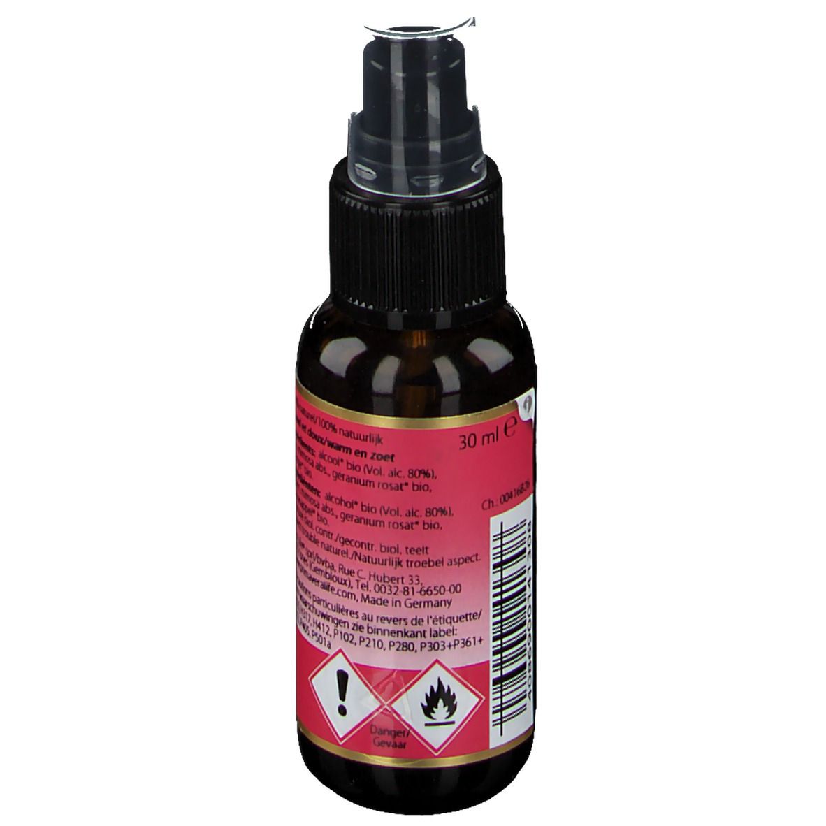 Flacon en verre brun avec vaporisateur. Étiquette avec informations produit et indication 30 ml. Symboles d'avertissement.