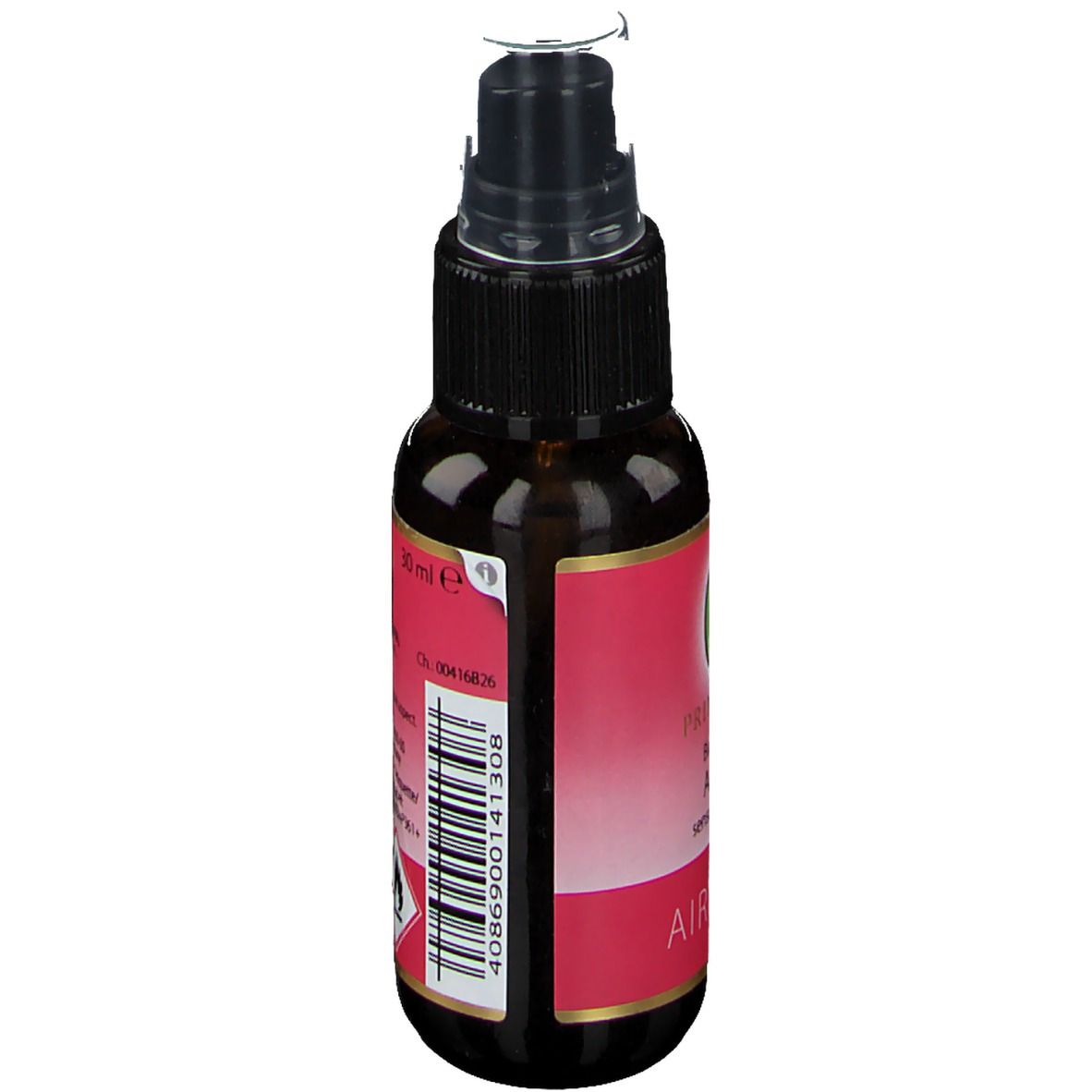 Flacon en verre brun avec vaporisateur. Étiquette avec informations produit et code-barres. Inscription AIRSPRAY.