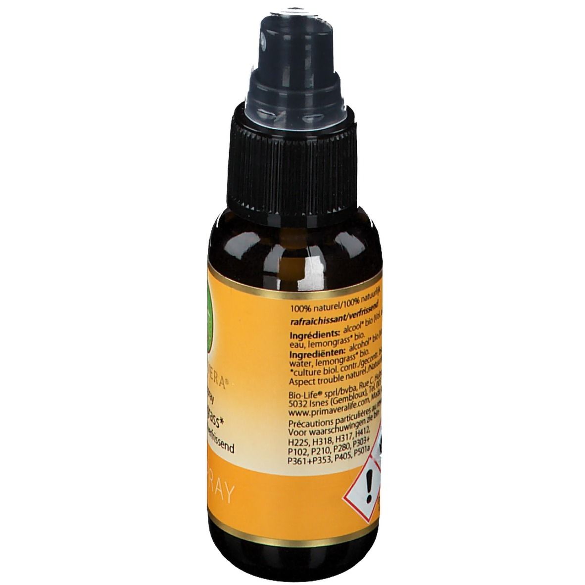 Rückseite der braunen Sprühflasche. Gelbes Etikett mit Inhaltsstoffen und Warnhinweisen. Text in mehreren Sprachen.