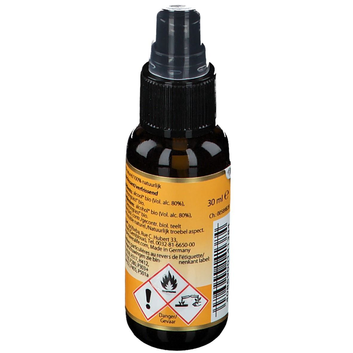 Braune Sprühflasche mit gelbem Etikett. Aufschrift: Primavera Bio Airspray Lemongrass. Warnsymbole und Volumenangabe: 30 ml.