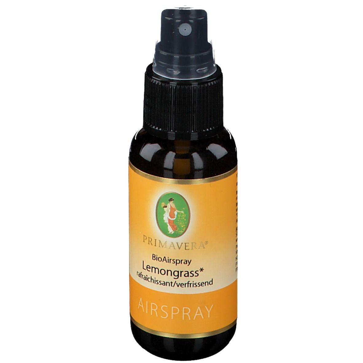 Braune Sprühflasche mit gelbem Etikett. Aufschrift: Primavera Bio Airspray Lemongrass. Sprühkopf aus schwarzem Kunststoff.