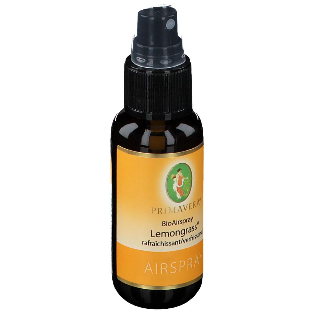 Braune Sprühflasche mit gelbem Etikett. Aufschrift: Primavera Bio Airspray Lemongrass. Sprühkopf aus schwarzem Kunststoff.