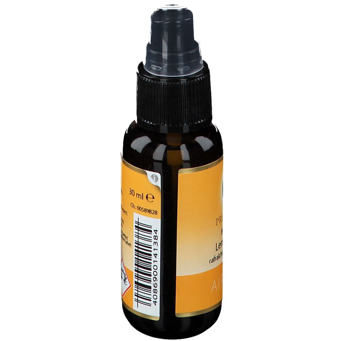 Braune Sprühflasche mit gelbem Etikett. Aufschrift: Primavera Bio Airspray Lemongrass. Volumenangabe: 30 ml. Barcode.