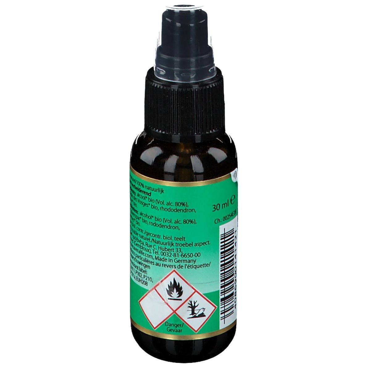 Flacon en verre brun avec étiquette verte. Texte: 30 ml. Symboles de danger. Logo PRIMAVERA. Fabriqué en Allemagne.