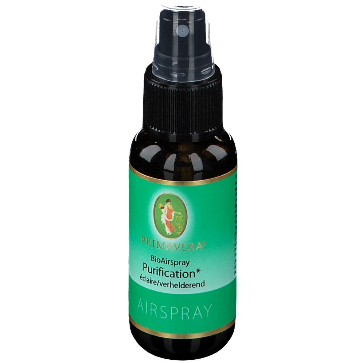 Flacon en verre brun avec étiquette verte. Inscription: BioAirspray Purification. Tête de pulvérisation. Logo PRIMAVERA.