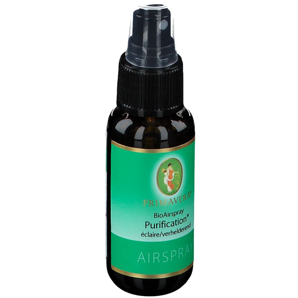 Flacon en verre brun avec étiquette verte. Inscription: BioAirspray Purification. Tête de pulvérisation. Logo PRIMAVERA.