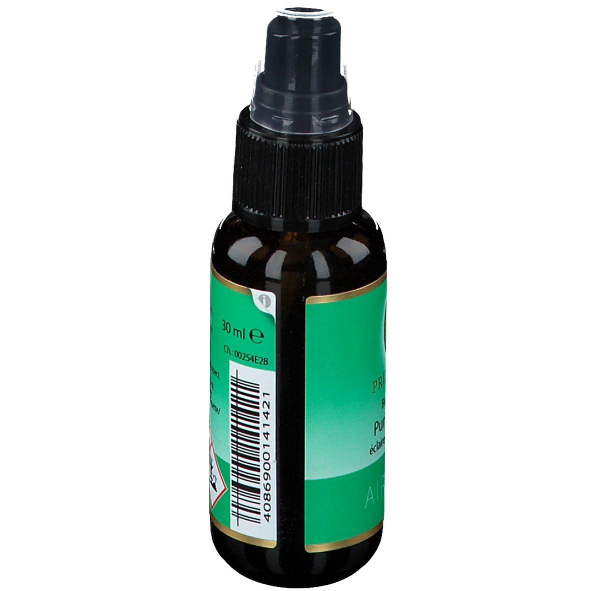 Flacon en verre brun avec étiquette verte. Texte: 30 ml. Symboles de danger. Logo PRIMAVERA. Code-barres.