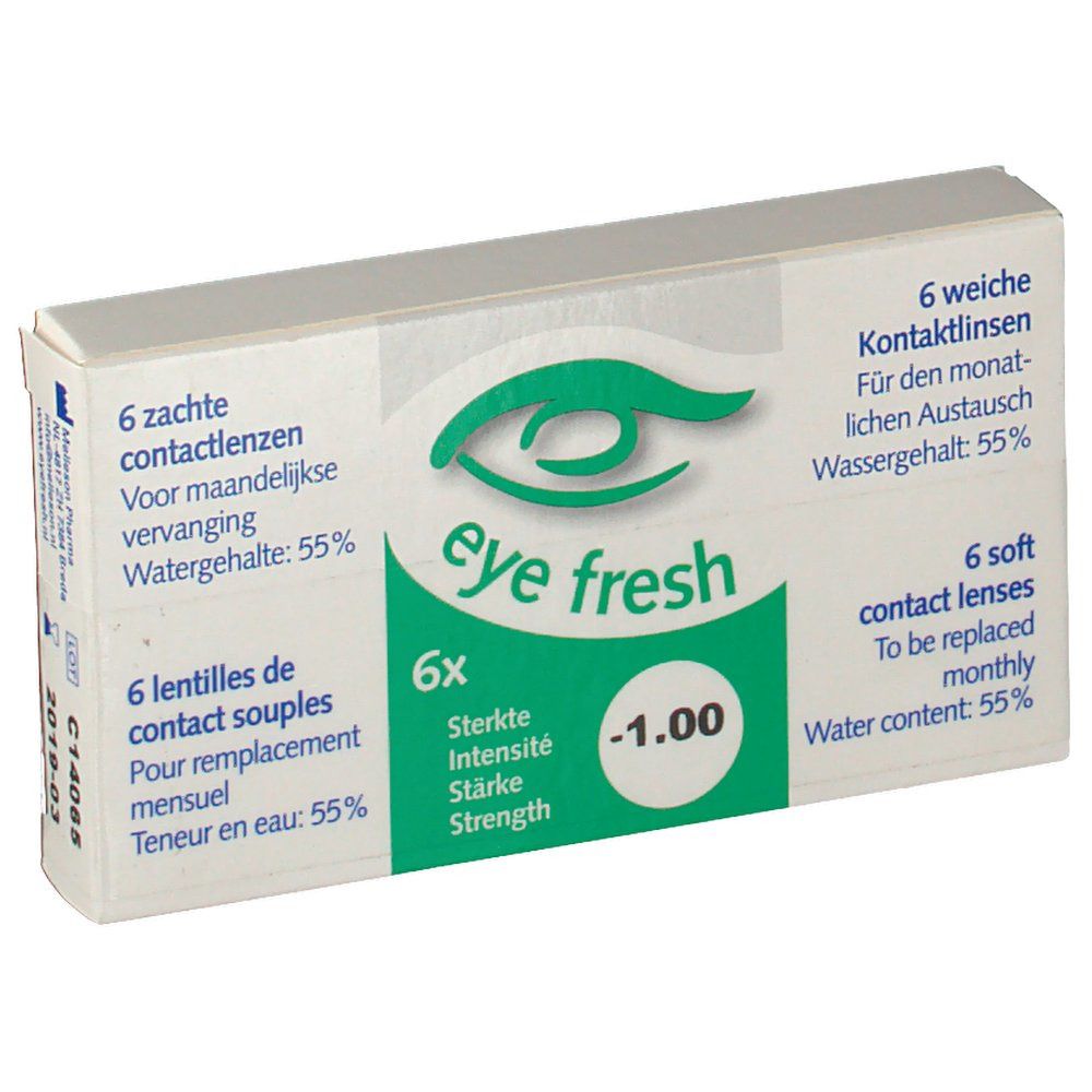 Boîte de lentilles de contact. Inscription: Eye Fresh, 6x, -1.00. Contient 6 lentilles souples. Teneur en eau: 55%.
