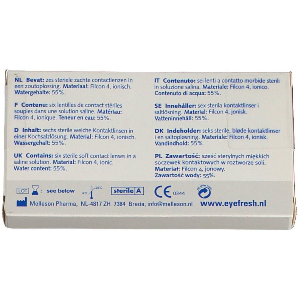 Dos de l'emballage de lentilles. Informations multilingues. Contient 6 lentilles souples. Matériau: Filcon 4, ionique. Teneur en eau: 55%.