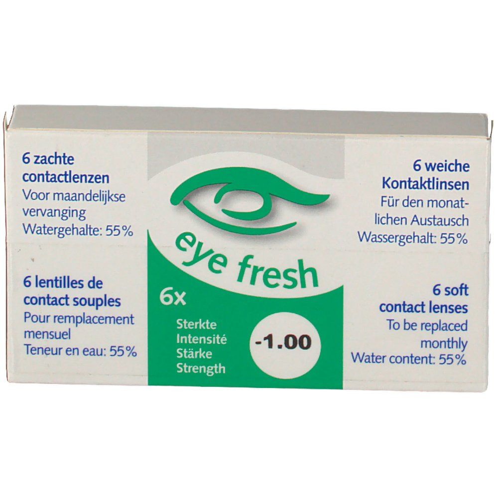Boîte de lentilles de contact. Inscription: Eye Fresh, 6x, -1.00. Contient 6 lentilles souples. Teneur en eau: 55%.