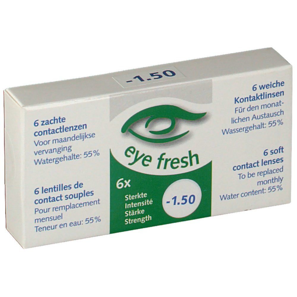 Boîte de lentilles Eye Fresh. Six lentilles, -1,50 dioptries. Design vert et blanc avec logo et texte.