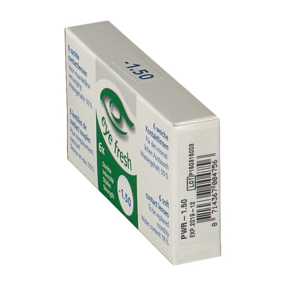 Vue oblique de la boîte de lentilles Eye Fresh. Blanche avec accents verts. -1,50 dioptries. Code-barres et texte.