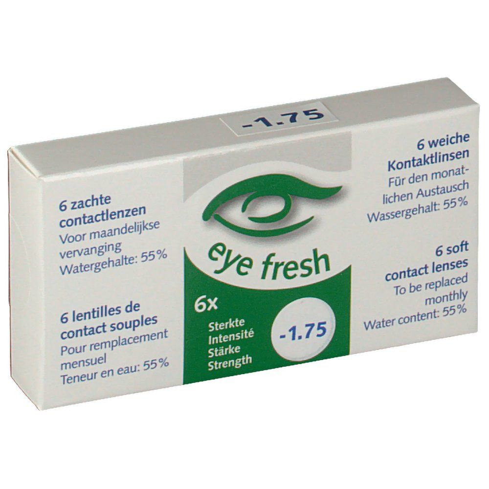 Boîte blanche avec logo "Eye Fresh" et "-1.75". Contient 6 lentilles de contact. Teneur en eau: 55%.