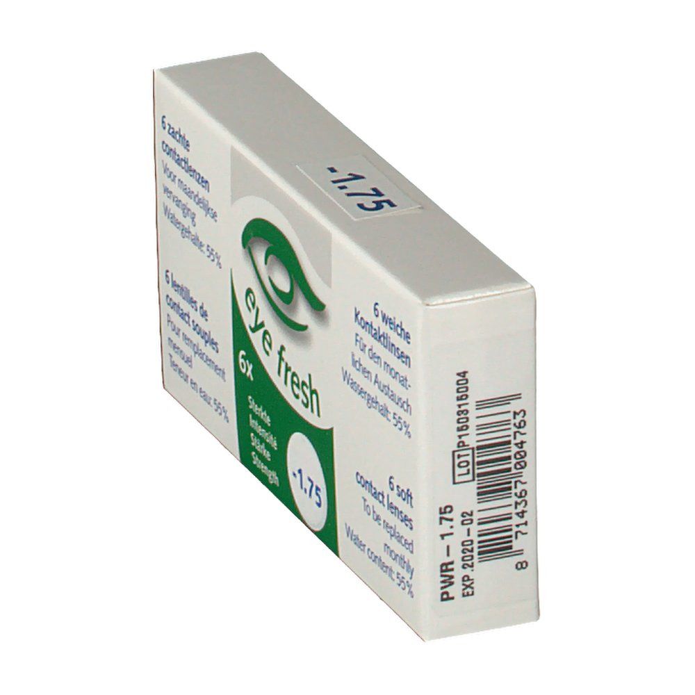 Boîte "Eye Fresh" avec "-1.75". Contient 6 lentilles. Code-barres et date de péremption visibles.
