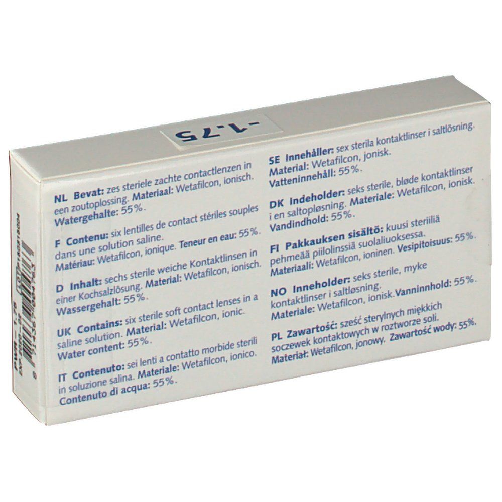 Dos de l'emballage des lentilles "Eye Fresh". Informations multilingues, dont matériau et teneur en eau.