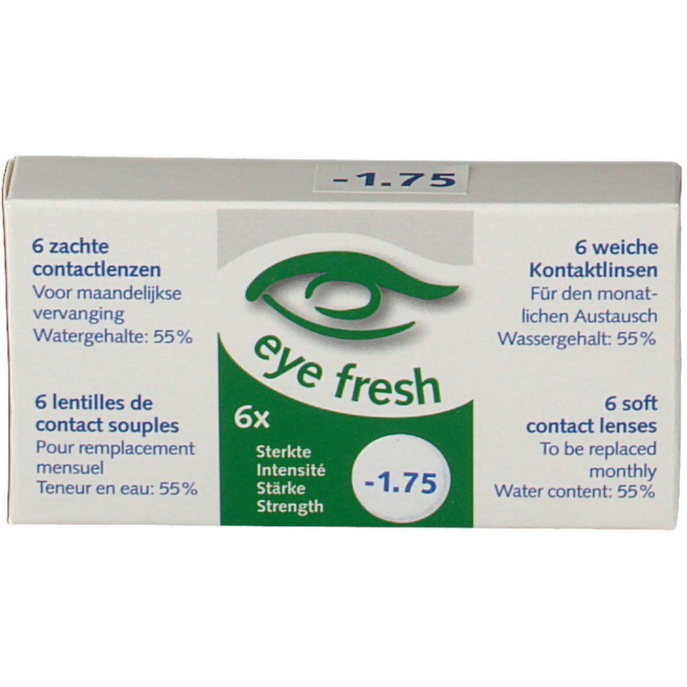 Boîte blanche avec logo "Eye Fresh" et "-1.75". Contient 6 lentilles de contact. Teneur en eau: 55%.