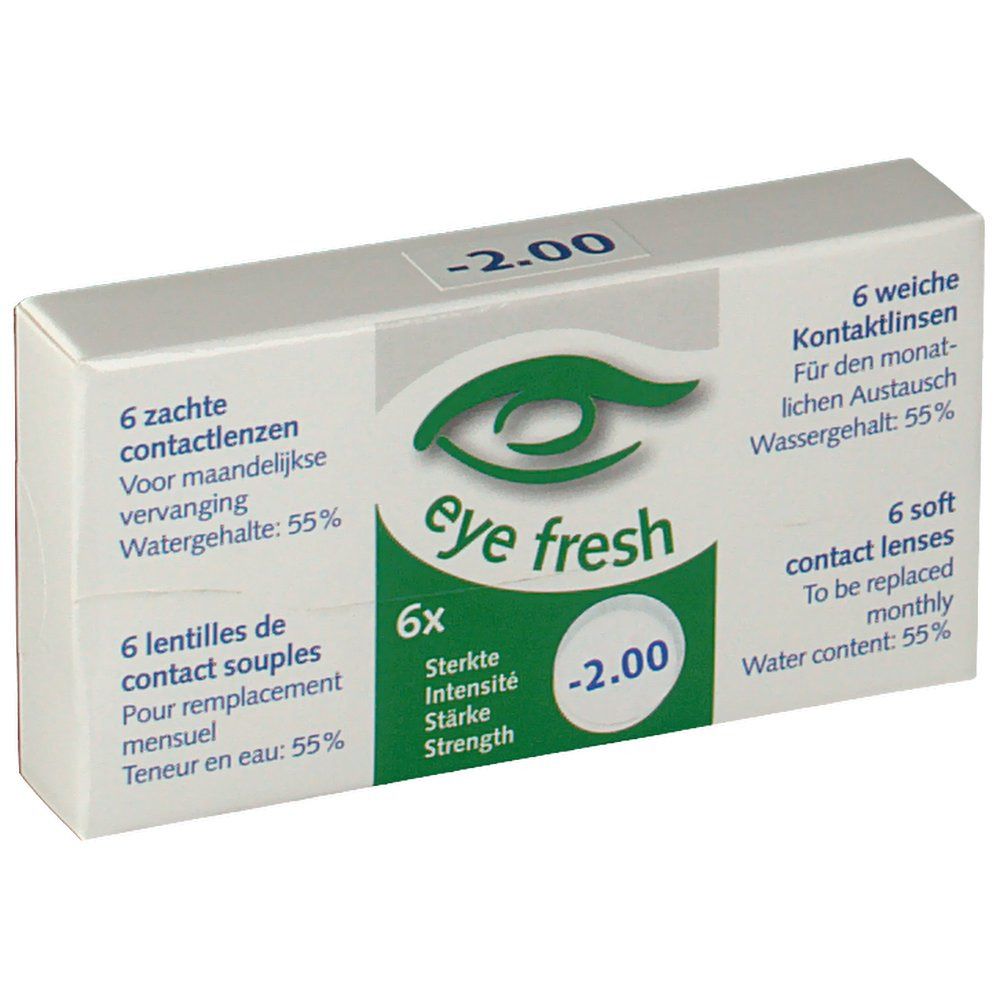 Boîte de lentilles de contact Eye Fresh, -2.00. Contient 6 lentilles souples. Teneur en eau: 55%.