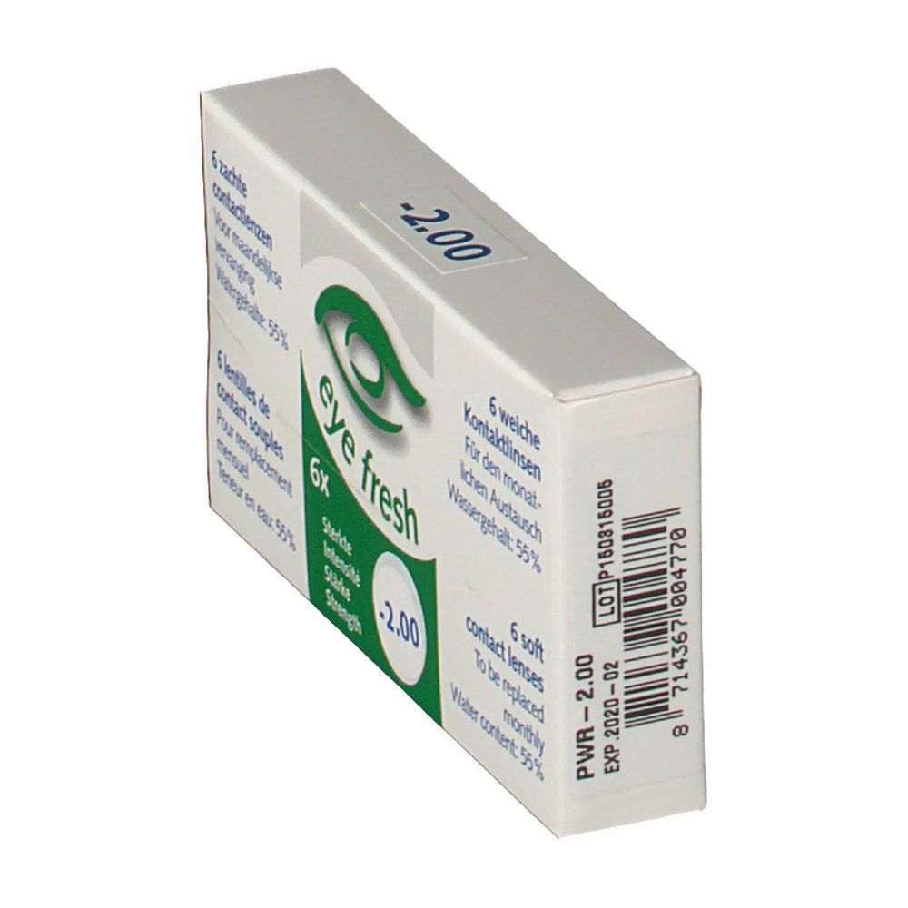 Boîte de lentilles de contact inclinée. Eye Fresh, -2.00. Contient 6 lentilles souples. Teneur en eau: 55%.