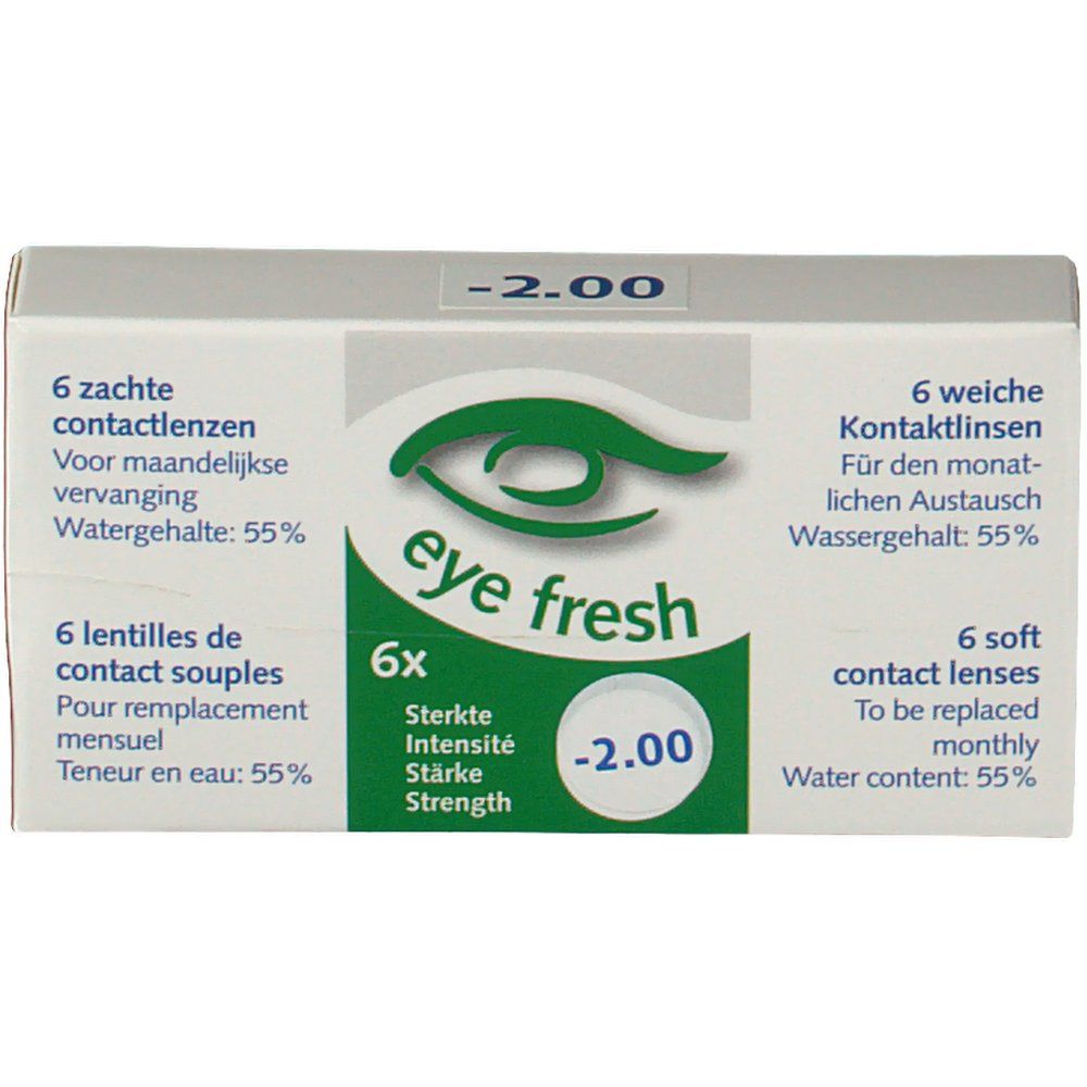 Boîte de lentilles de contact. Eye Fresh, -2.00. Contient 6 lentilles souples. Teneur en eau: 55%.