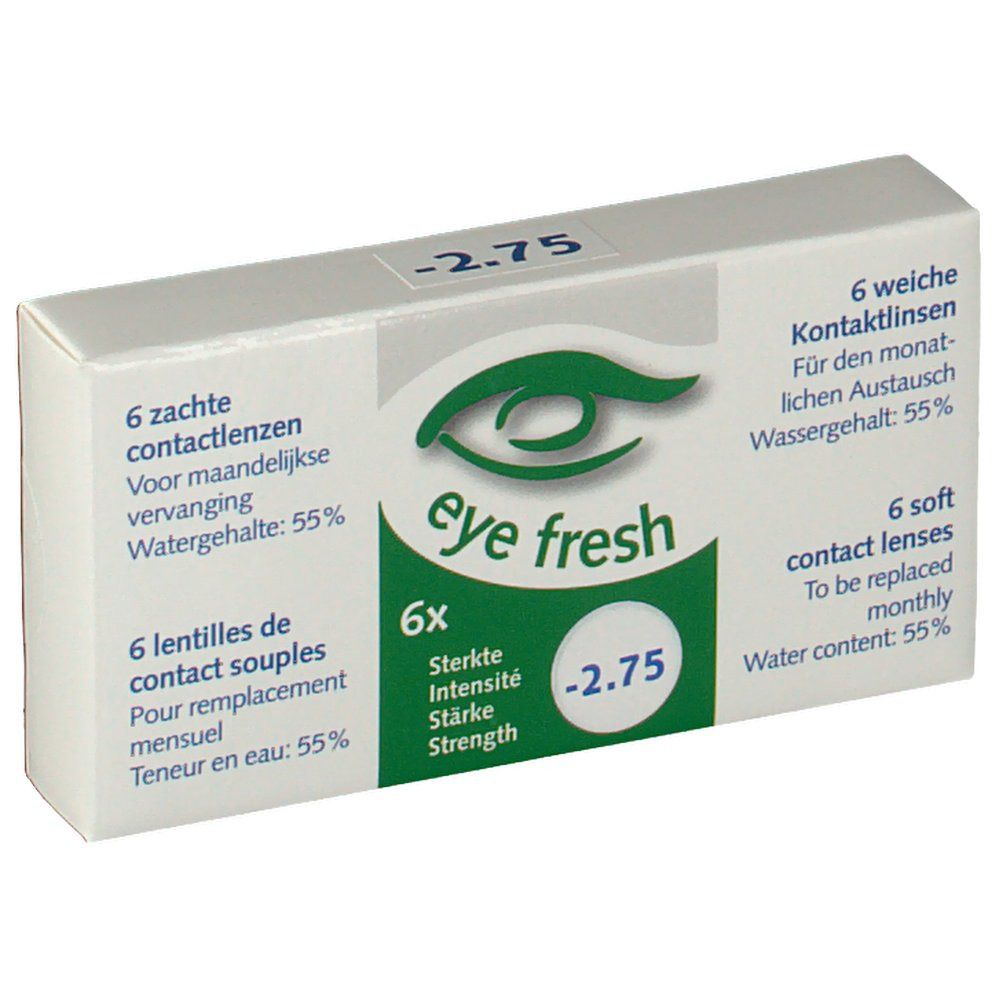 Boîte de lentilles de contact. Inscription: Eye Fresh, -2,75, 6 lentilles souples. Teneur en eau: 55%.