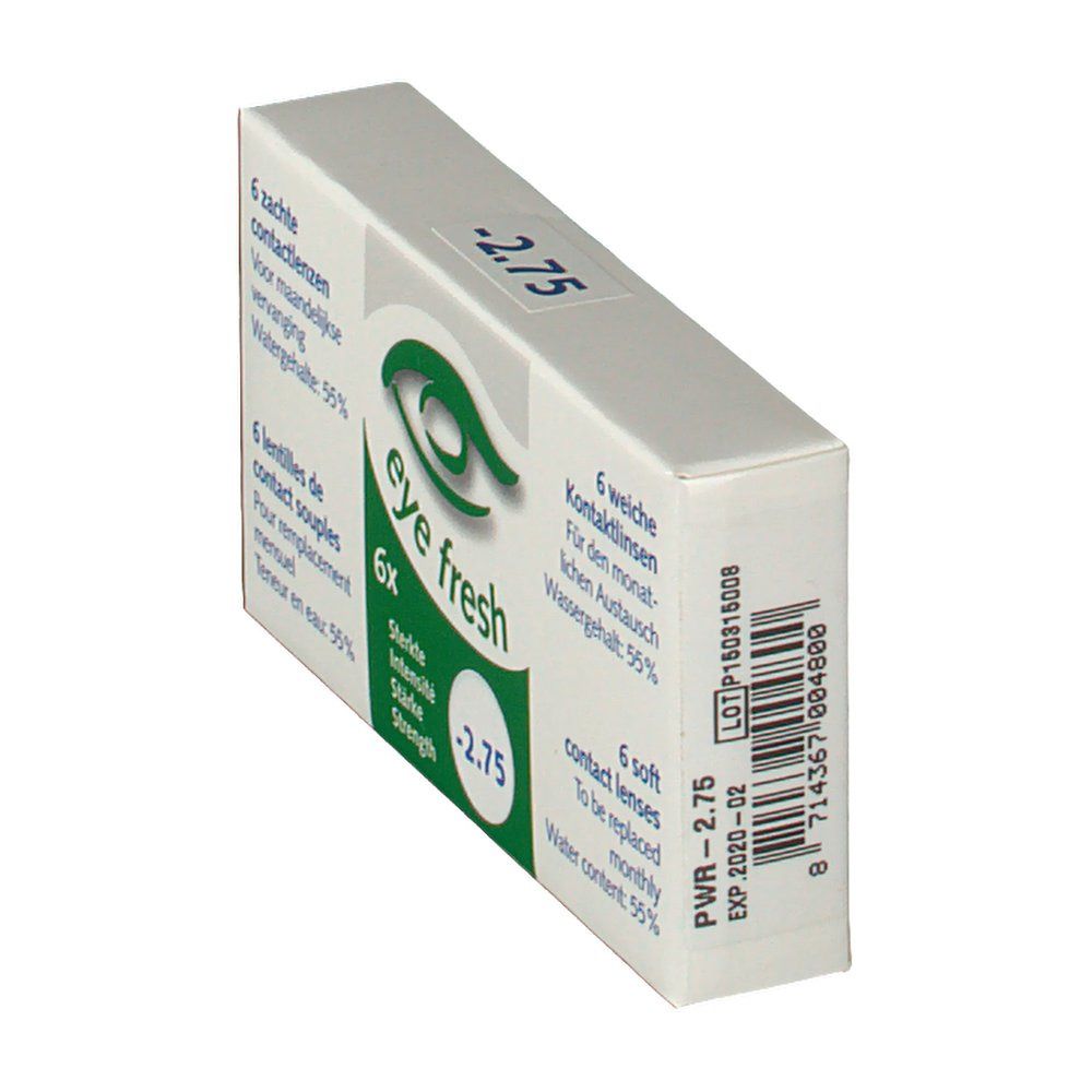 Boîte de lentilles de contact en biais. Inscription: Eye Fresh, -2,75. Code-barres et informations produit.