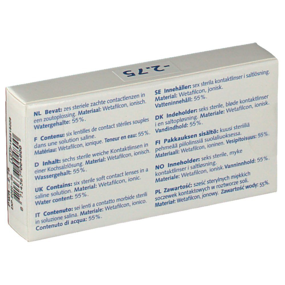 Dos de la boîte de lentilles. Informations produit multilingues. Matériau: Wetafilcon, ionique. Teneur en eau: 55%.