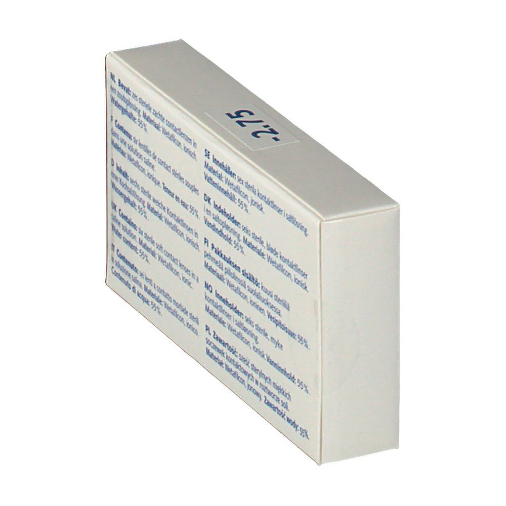 Dos de la boîte de lentilles en biais. Informations produit multilingues. Matériau: Wetafilcon, ionique.