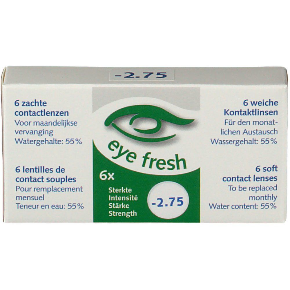 Boîte de lentilles de contact. Inscription: Eye Fresh, -2,75, 6 lentilles souples. Teneur en eau: 55%.