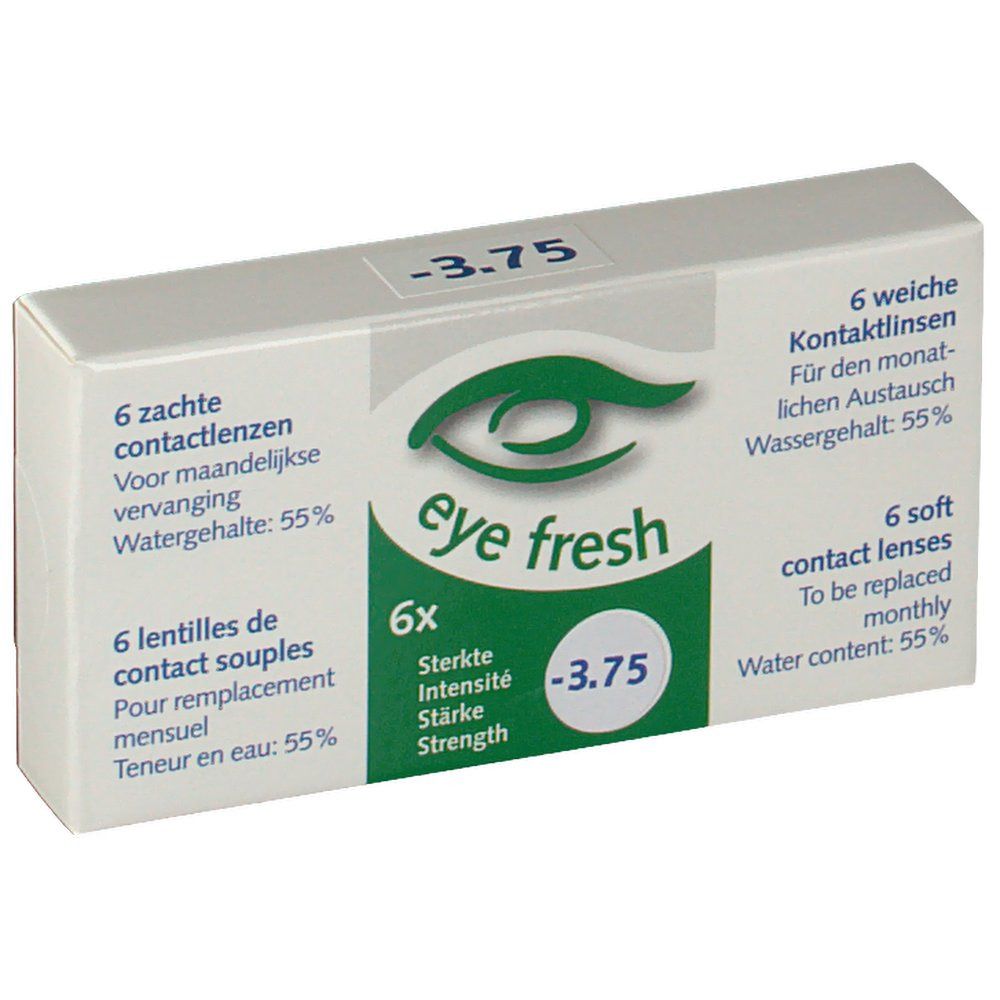 Boîte de lentilles Eye Fresh. Inscription : -3,75, 6 lentilles souples, teneur en eau 55%.