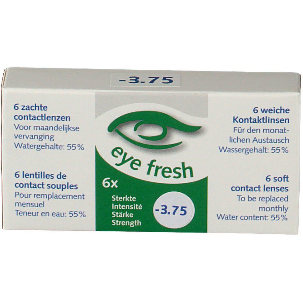 Vue de face de la boîte de lentilles Eye Fresh. Inscription : -3,75, 6 lentilles souples, teneur en eau 55%.