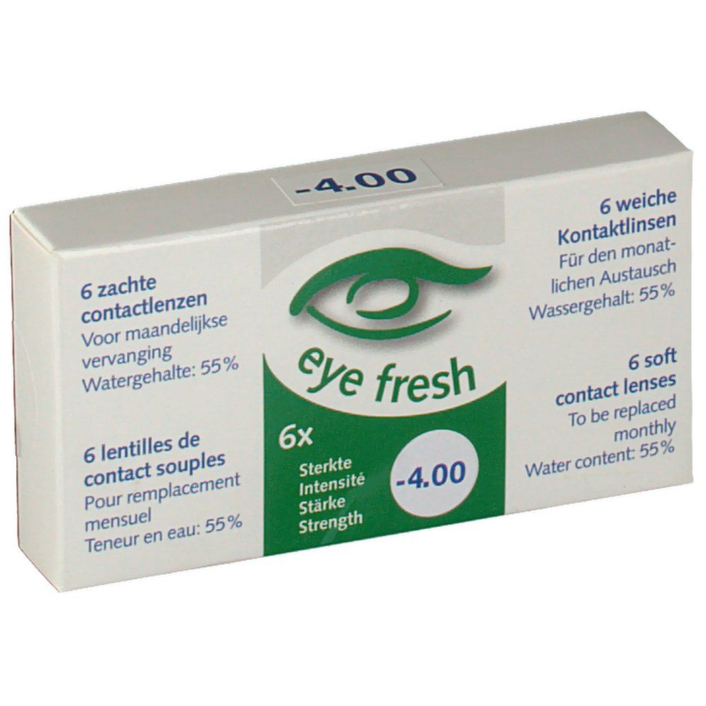 Boîte de lentilles de contact. Inscription: Eye Fresh, -4.00, 6 lentilles souples. Teneur en eau: 55%.