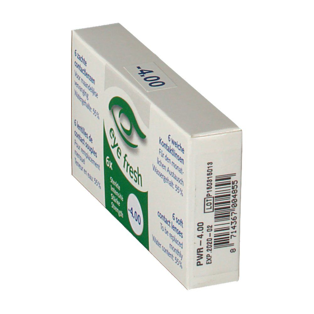 Boîte de lentilles de contact en biais. Inscription: Eye Fresh, -4.00. Informations et code-barres au dos.