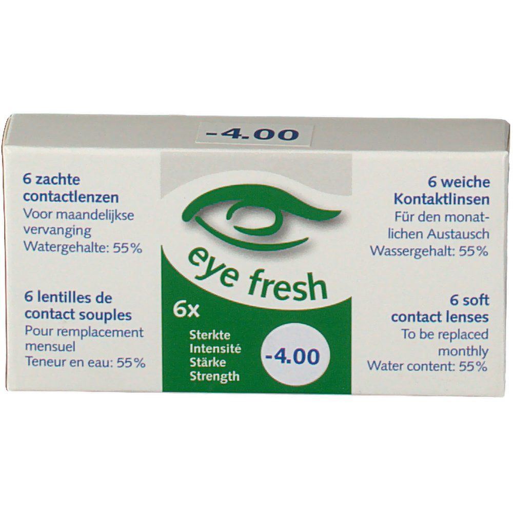 Boîte de lentilles de contact. Inscription: Eye Fresh, -4.00, 6 lentilles souples. Teneur en eau: 55%.
