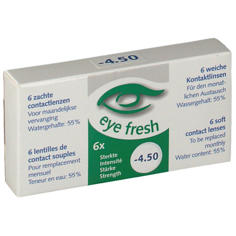 Boîte de lentilles de contact Eye Fresh. Contient 6 lentilles souples. Puissance -4,50. Teneur en eau 55%.