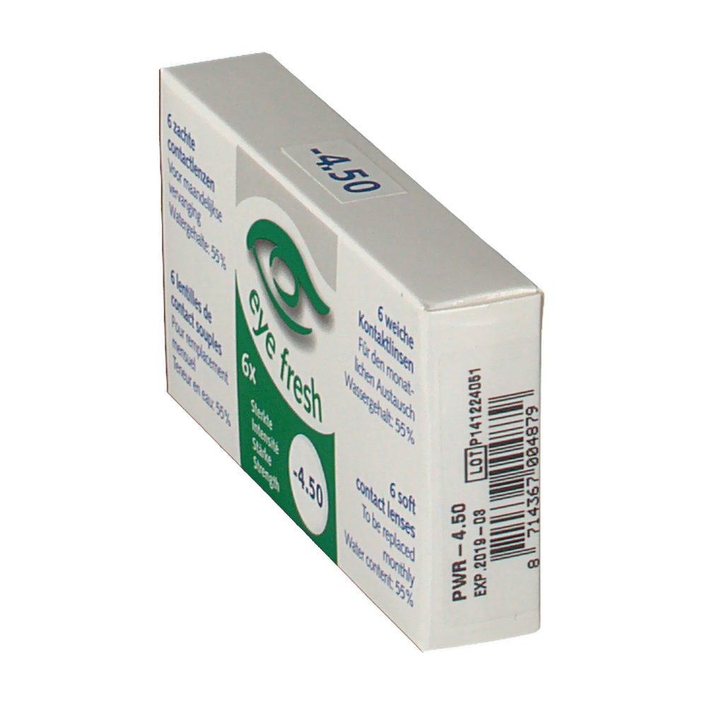 Boîte de lentilles Eye Fresh en biais. Inscription -4,50. Contient 6 lentilles souples. Teneur en eau 55%.