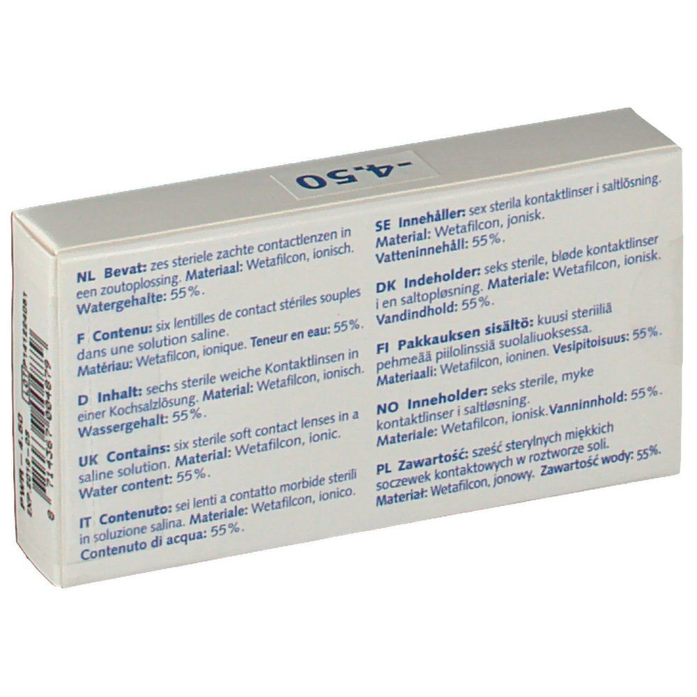 Dos de la boîte de lentilles Eye Fresh. Texte multilingue. Contient 6 lentilles souples.