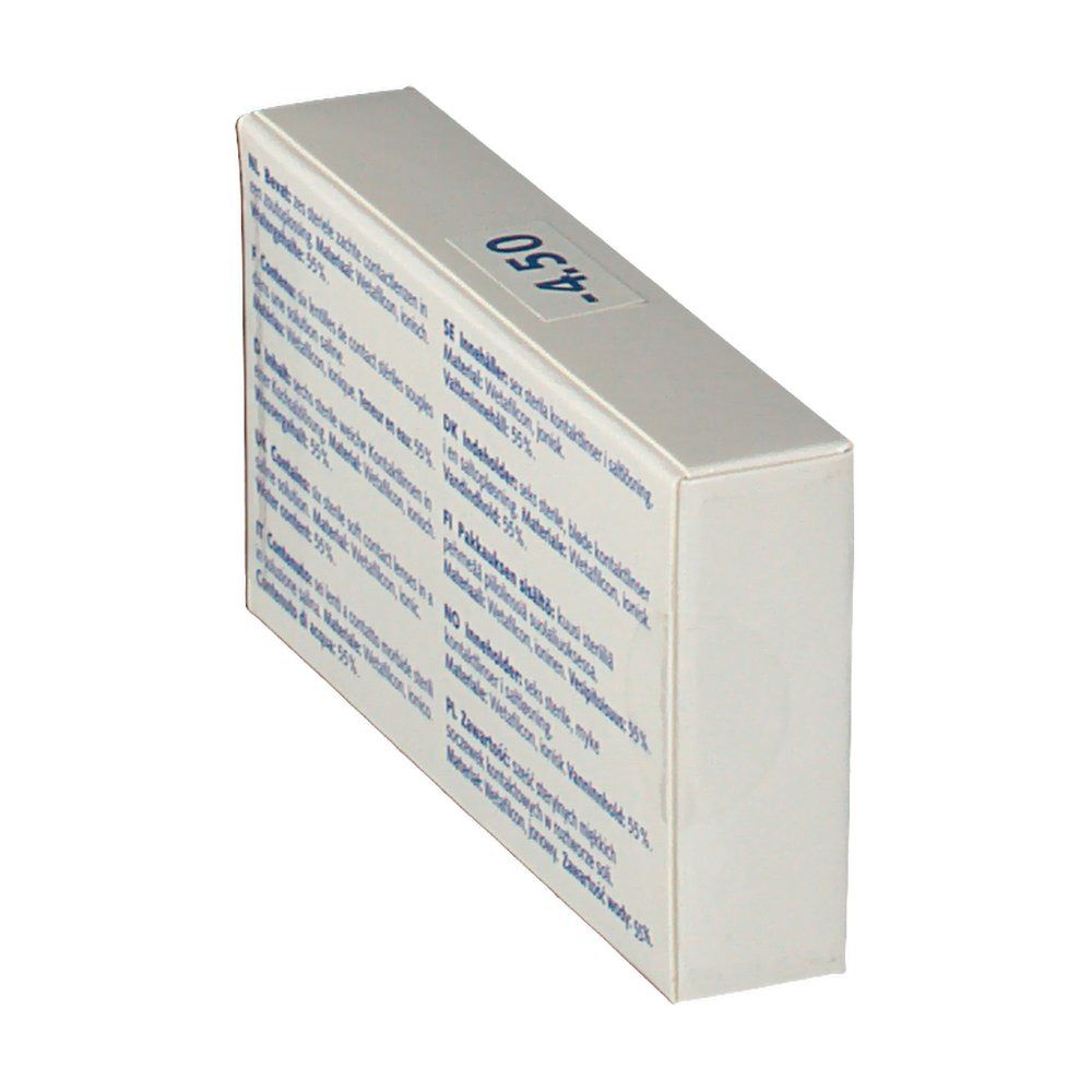 Boîte de lentilles Eye Fresh en biais. Inscription -4,50. Texte multilingue.