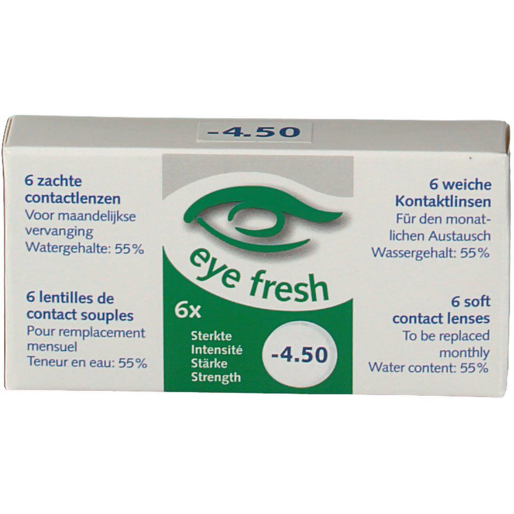 Boîte de lentilles de contact Eye Fresh. Contient 6 lentilles souples. Puissance -4,50. Teneur en eau 55%.