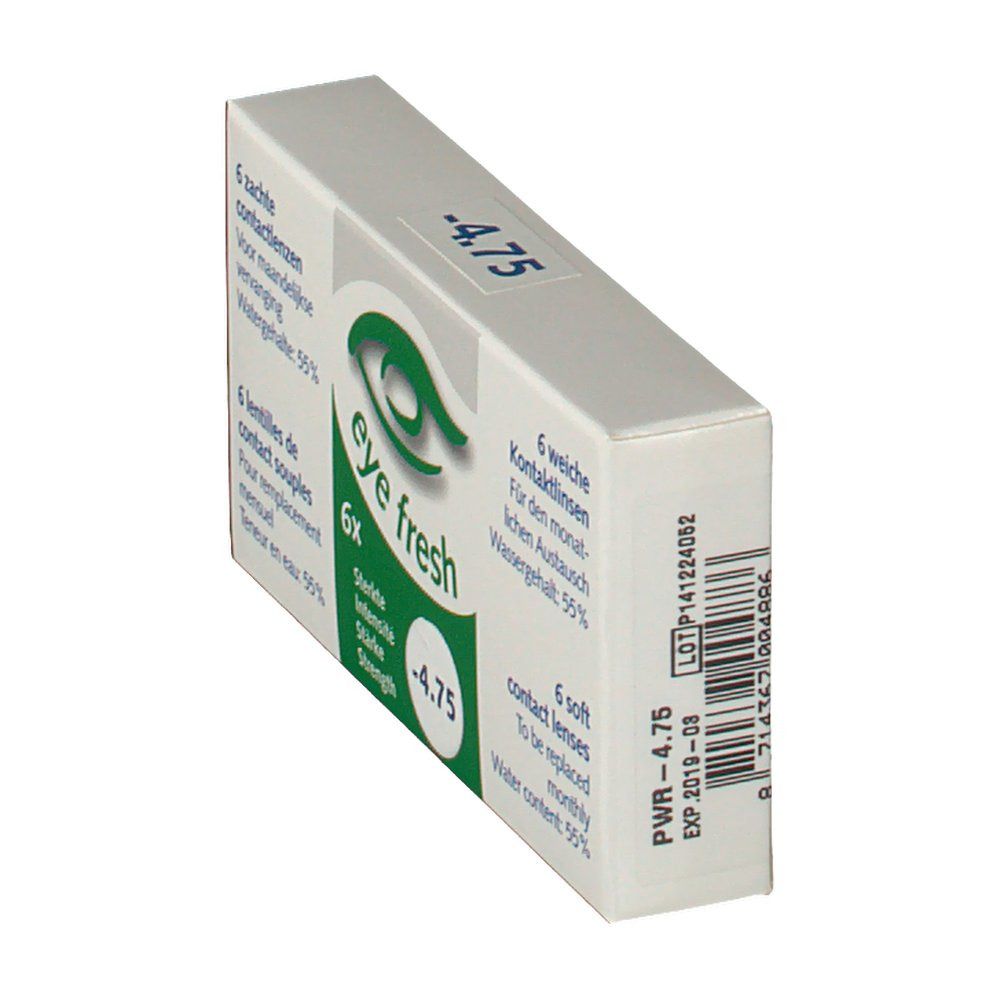 Boîte de lentilles de contact en biais. Inscription: Eye Fresh, -4.75, 6 lentilles souples. Teneur en eau: 55%.
