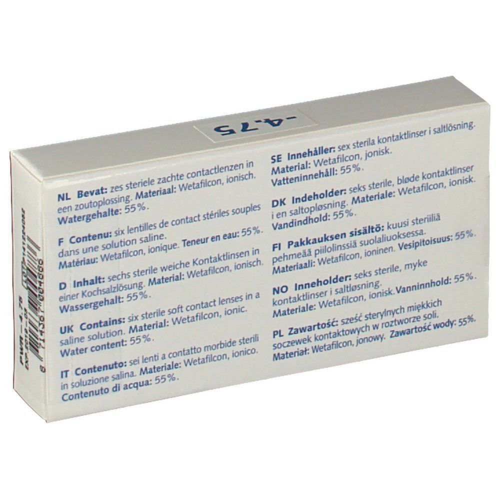 Dos de la boîte de lentilles de contact. Informations multilingues sur les ingrédients et la teneur en eau: 55%.